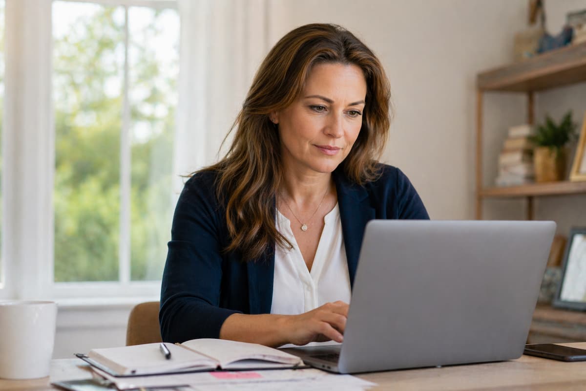 Woman in her 40s working thoughtfully at a laptop, representing the common midlife pattern in which ADHD stimulant medication becomes less effective during the luteal phase of the menstrual cycle and during perimenopause due to falling estrogen levels