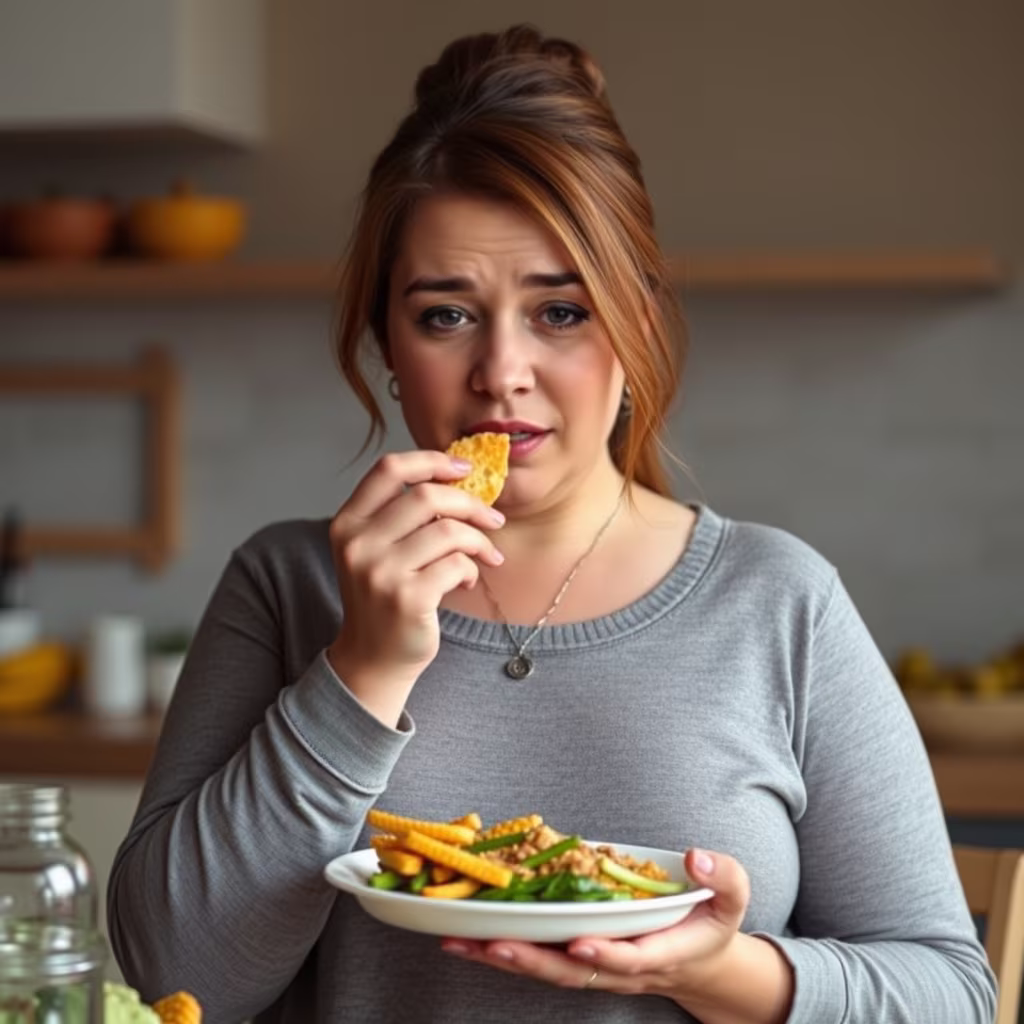 Conceptual image representing the connection between mental health and obesity, including stress, sleep, and eating patterns